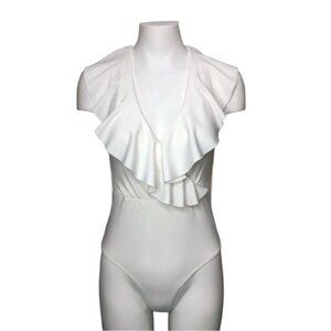 Shein White Ruffle Lace Up back swimsuit Size Small